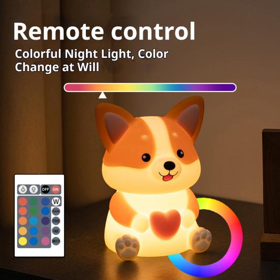 Rechargeable Nursery Light Portable Corgi Night for Nursery, Silicone LED Bedside Lamp with Touch/Remote Control & 30-Minute Timer, Dimmable
