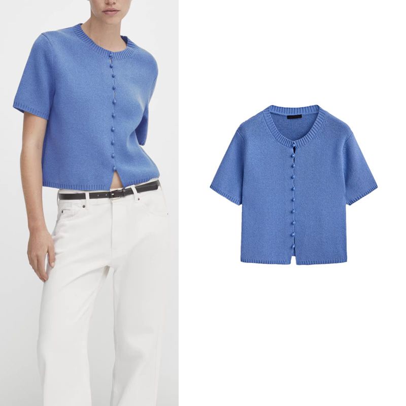 MD Early Autumn New Arrival Gentle Lady Simple Cotton Blended Button Short Blue Knitting Cardigan 5704582