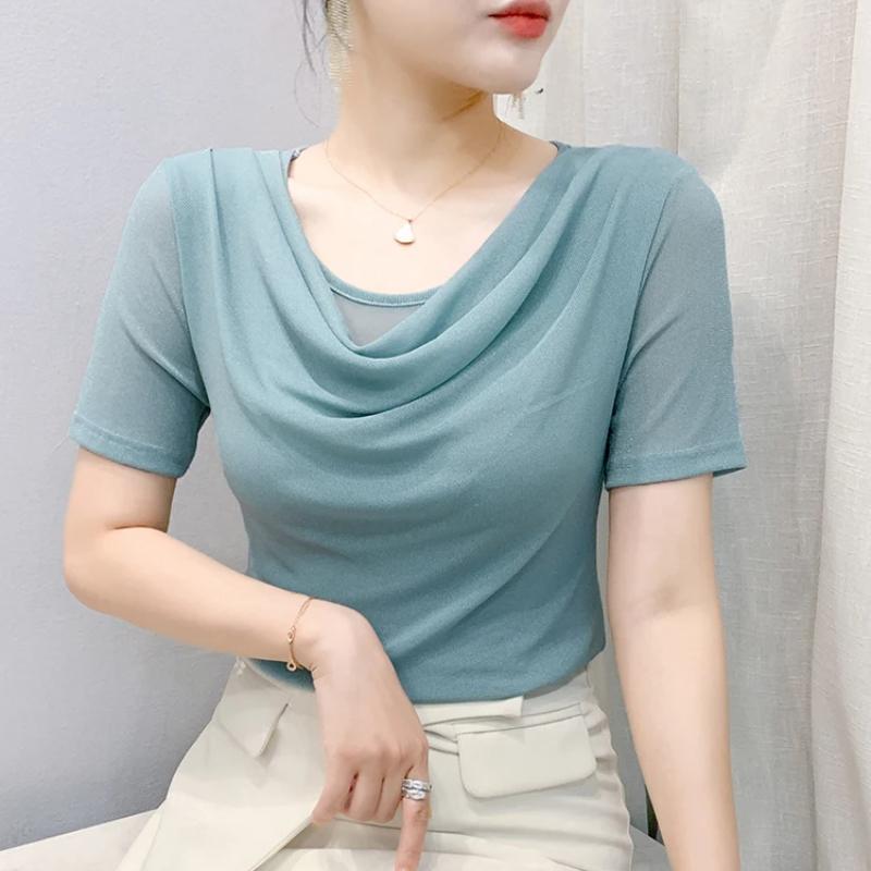 Summer Women's Draped Design O-Neck T-Shirt Trendy Elegant Short Sleeve Mesh Tops New Casual Fairy Tees Blouse