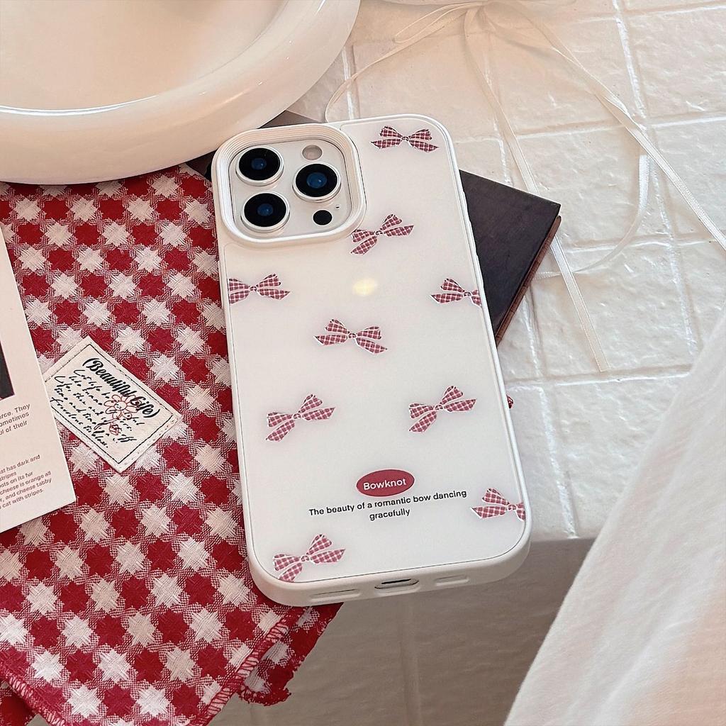 Gilded Red Checkered Bow IPhone 15 Phone Case Apple 14 Suitable for 16promax Glass Hard 13 Sweet