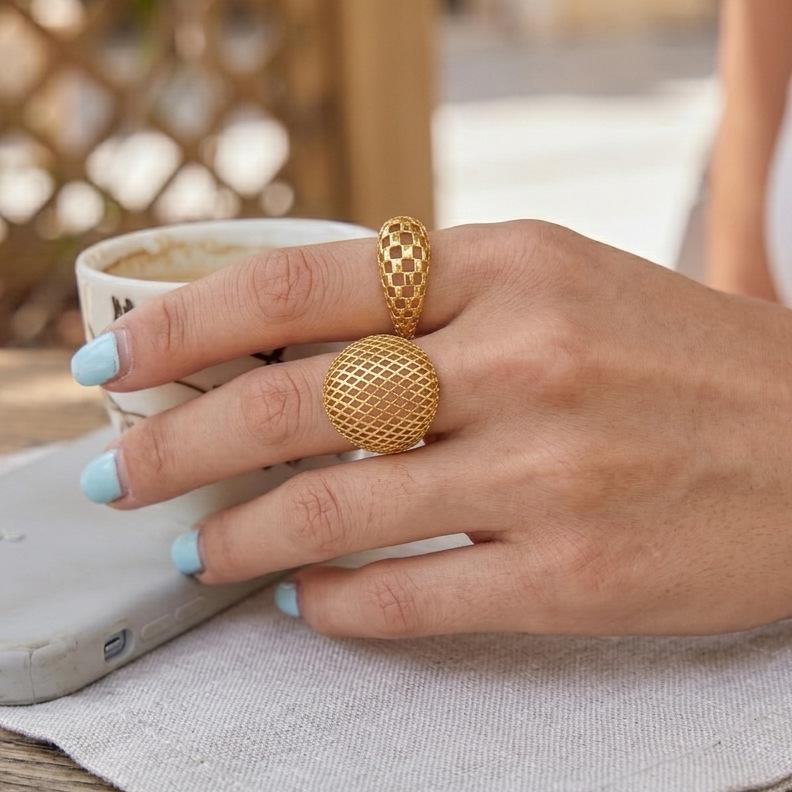 18K Gold Plated Mesh Hollow Ring For Women Stainless Steel Chunky Rings No Tarnish Wide Band Finger Rings Statement Jewelry