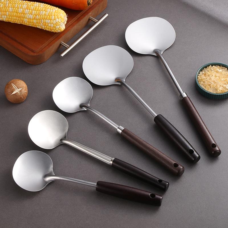 Japanese Kitchenware Set: Stainless Steel Spatula, Soup Ladle, Slotted Spoon, Charcoal Gray, Anti-scalding Cooking Utensils.