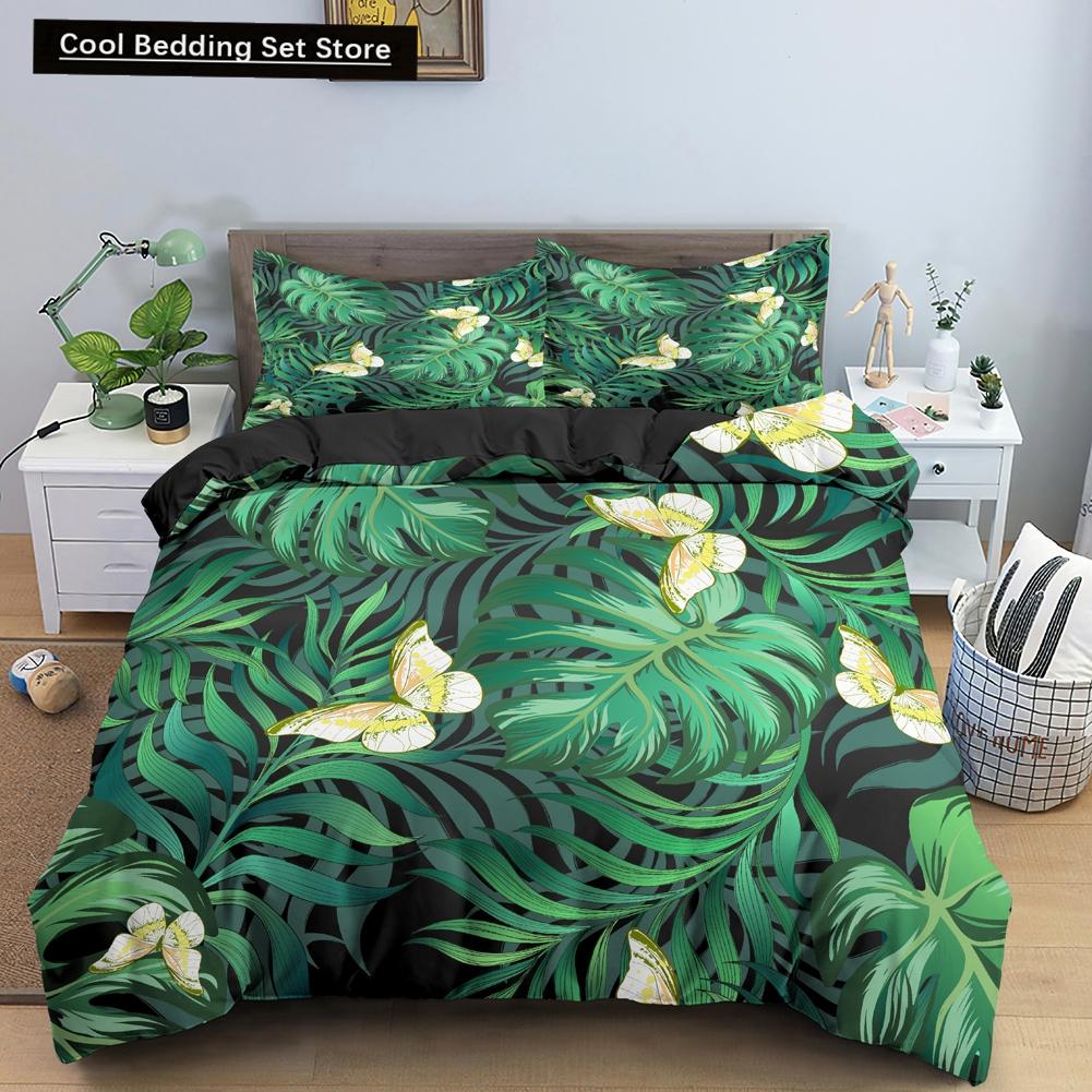 Comforter Tropical Leaves Butterfly Printed Bedding Sets With Pillow Case Luxury Polyester Queen/King Size Gift Blue