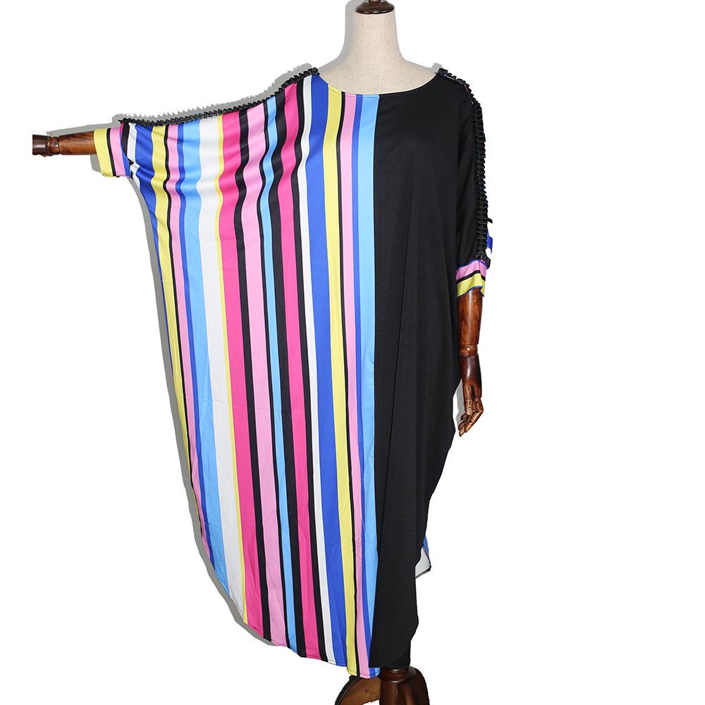 2022 African Plus Size Women's Vertical Stripe Print Sleeve Muslim Dress
