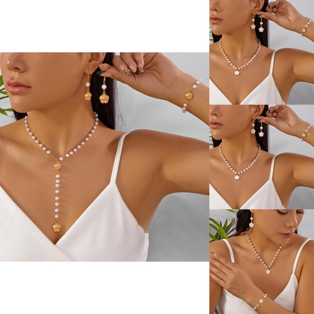 Geometric Flower Shape Jewelry Set With Pearl Pendant For Women Fashion Accessories