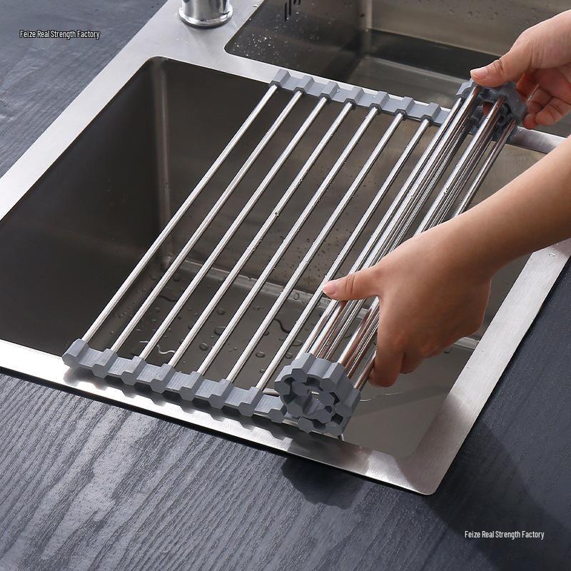 Folding Kitchen Sink Drain Rack with Silicone Mat and Wash Basin Basket