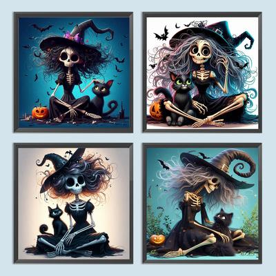 5D DIY Full Square Drill Diamond Painting Halloween Skeleton Witch Decor Art for Living Room Bedroom Classroom Entrance 30x30cm