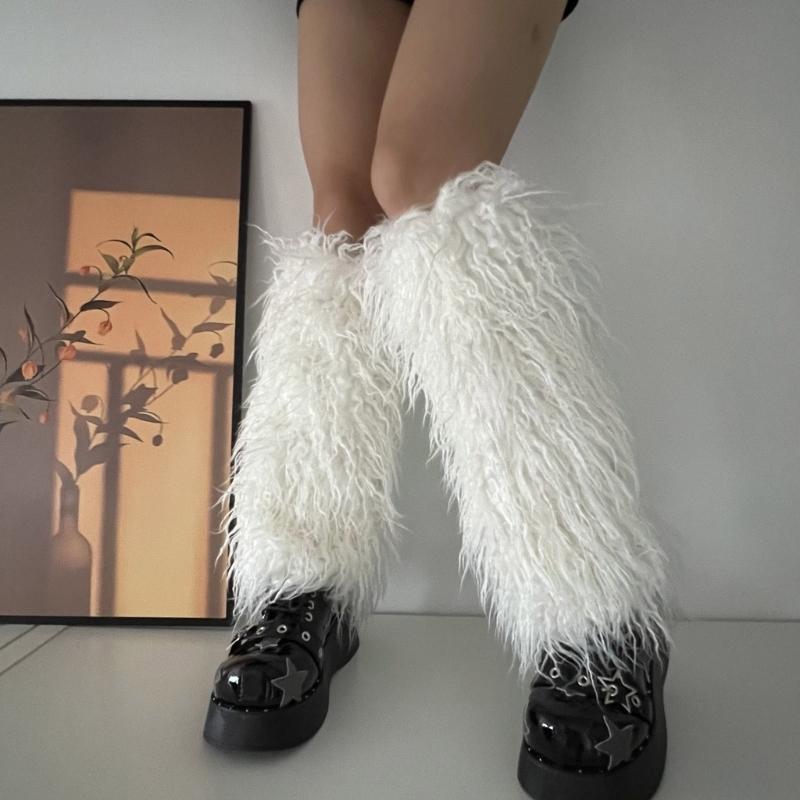 Fuzzy Faux Furs Leg Warmers Furs Heels Long Boots Cuffs Cover Has Elastic One Pair Carnivals Boot Cover Y2K JK Uniform
