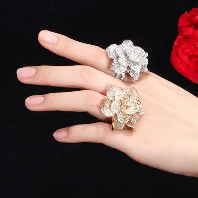 CMM Yellow Gold Color Luxury Cubic Zirconia Big Geometric Flower Wedding Party Rings for Women