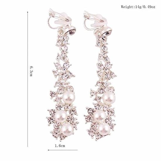Long Pearl Bijou Earrings 1 Pair Silver 2 Pieces Left and Right Set Zirconia Crystal Ear Clip Charm Rhinestone / (color) CP158/SP
