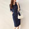 2115501-Retro Slimming Denim Waist-Cinch Dress for Autumn/Winter 2022