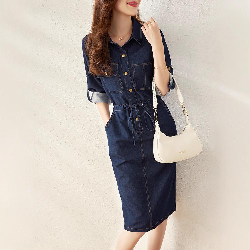 2115501-Retro Slimming Denim Waist-Cinch Dress for Autumn/Winter 2022
