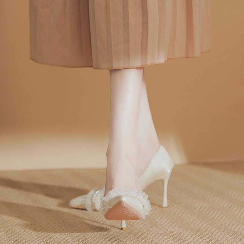 Gentle wind with skirt high heels bridal bridesmaid shoes beaded pointed stiletto single shoes