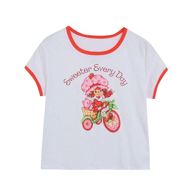 

Strawberry Girl Sexy Shirt High Waist Short Cartoon Letter Short Sleeve T-shirt Female Silm Elastic Thread Knitting Picture Color M