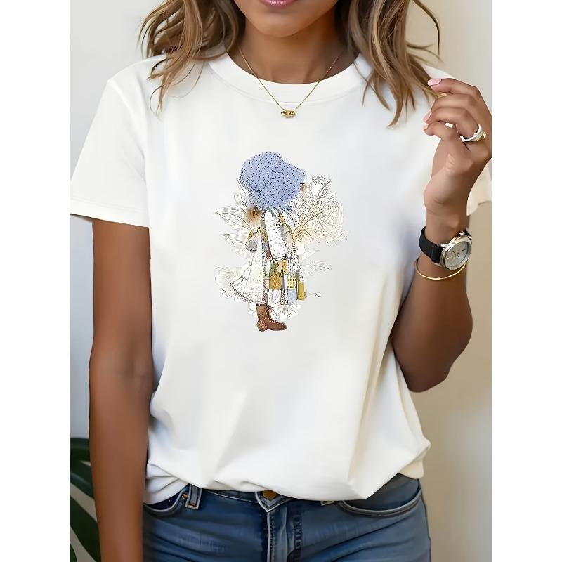 European sizesWomen'S Casual Short Sleeve T-Shirt | Rose Floral Print Crew Neck Top, Comfortable for Spring/Summer/Fall, Loose Fit Design