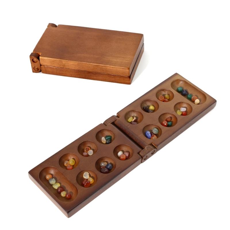 Portable Wood Chesses Game with Gemstones Pieces and Safe Storage Box Suitable for Kids Logics Training and Travel Use