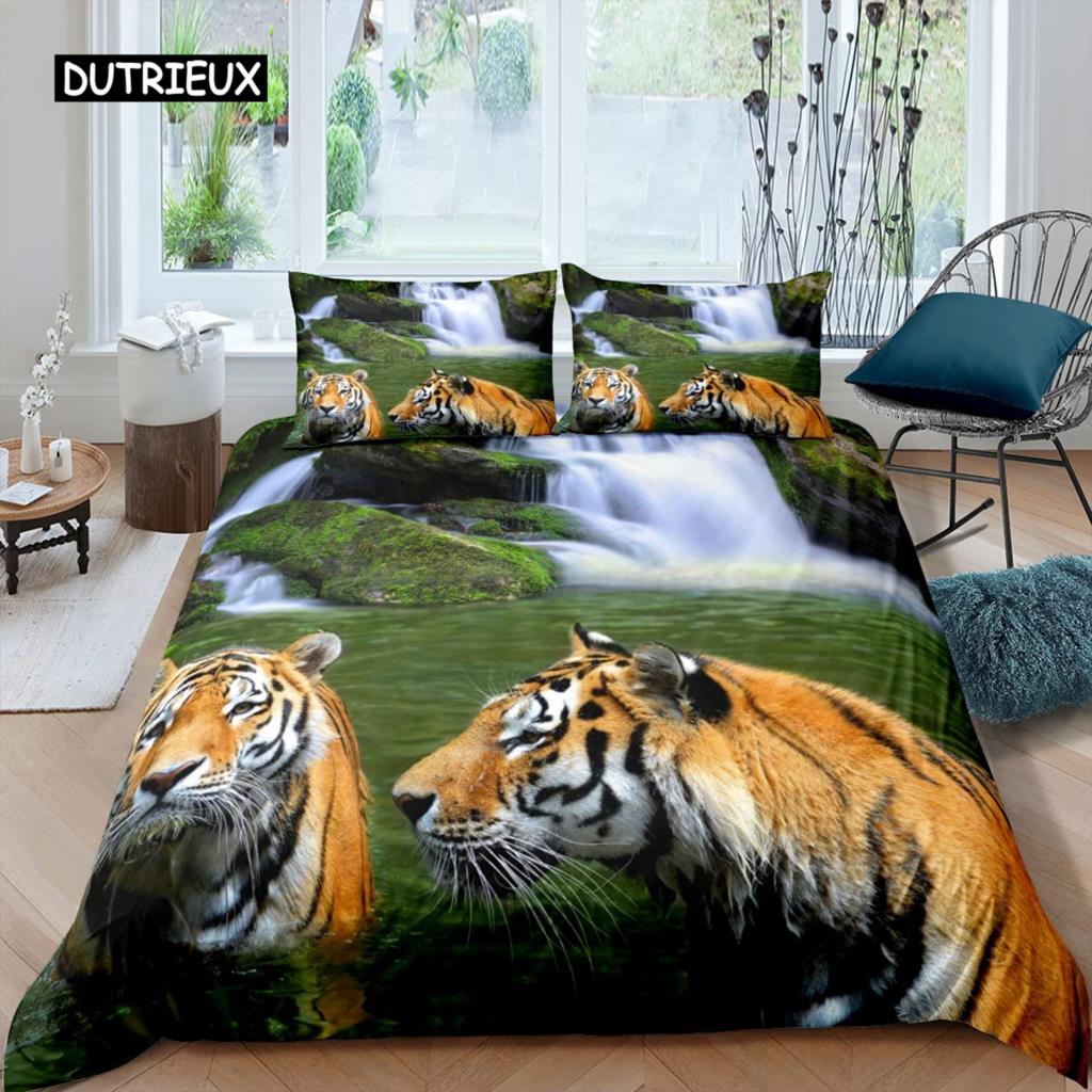 3D Waterfall Duvet Cover Set King Size Microfiber Botanical Floral Trees Pattern Bedding Set Purple Dream Theme Comforter Cover