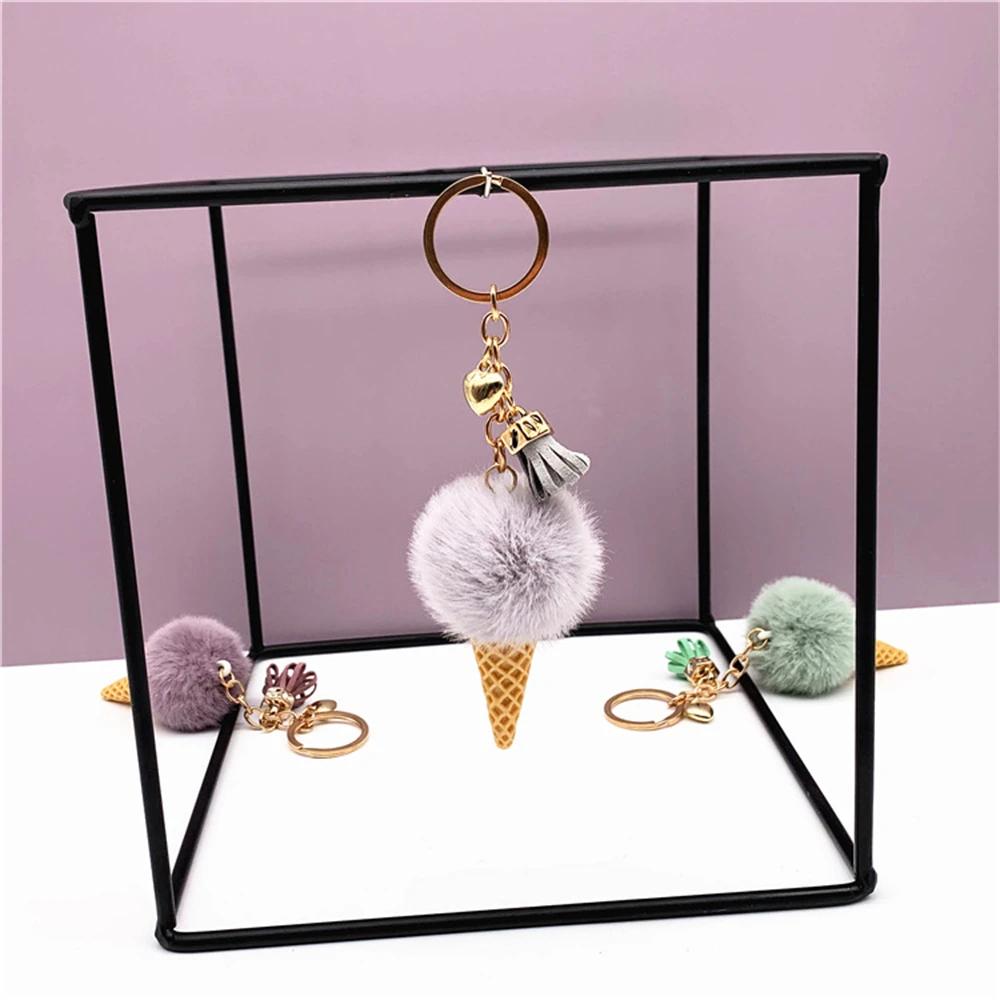 

Creative Ice Cream Pendant Keychain Cute Fluffy Pom Pom Plush Keyring For Women Girls Wallet Handbag Ornament Decoration Gifts