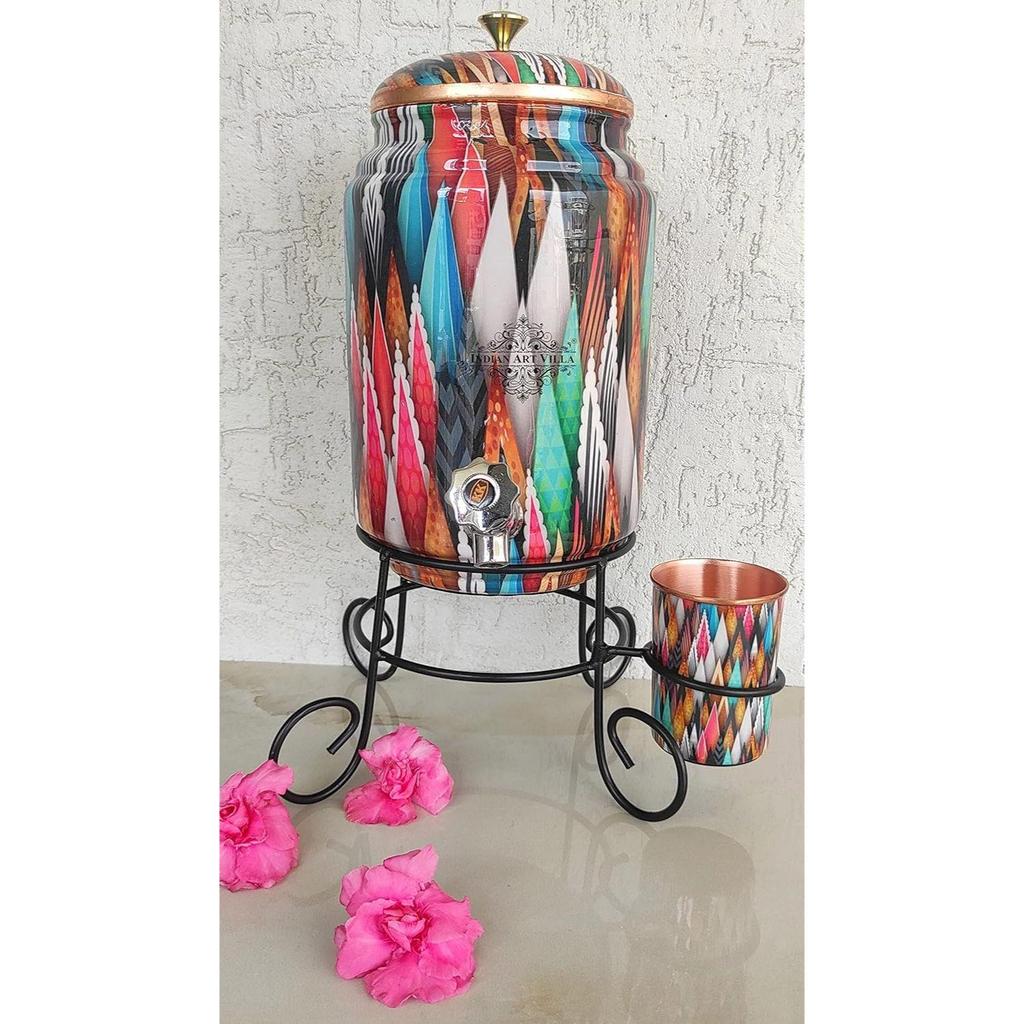 Pure Copper Printed Design Water Pot Heavy Gauge with Brass Tap & Copper Glass & Stand, Storage & Serving Water, Volume- 5 Liters