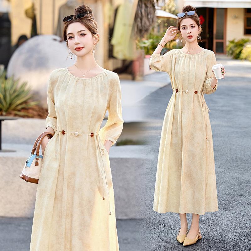 

Платье макси с круглым вырезом и принтом тай-дай, летняя мода, темперамент, ремесло, французская талия, рукав три четверти 2XL бежевый