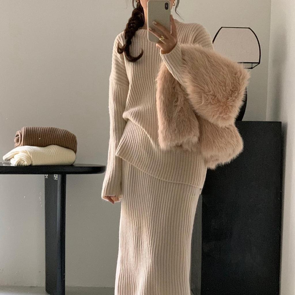 Lazy Loose Crew Neck Sweater Skirt Set Autumn and Winter Versatile Knitted Sweater Two-piece Set