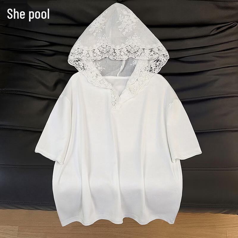 Women s French Lace Hooded Short Sleeve T-shirt M белый
