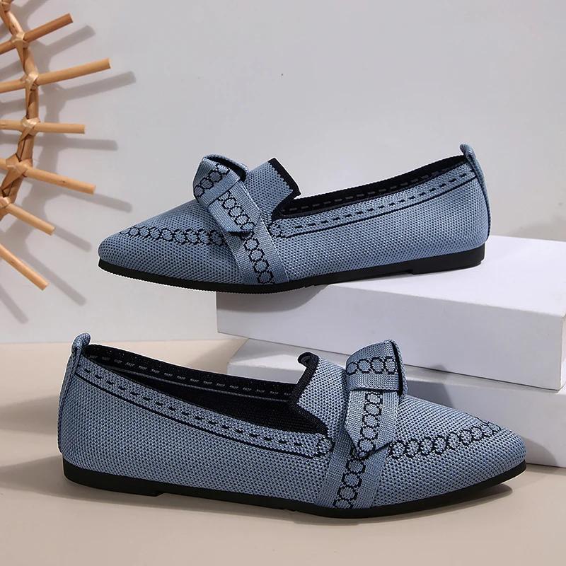 Fashion Rimocy Women Flats 2025 New Knitted Mesh Breathable Loafers Soft Comfort Pointed Toe Casual Shoes Trend Bow Decor Woman Shoes