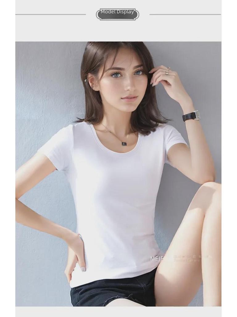 Korean Style Avocado Green Crew Neck Women's Slim Fit Cotton T-Shirt