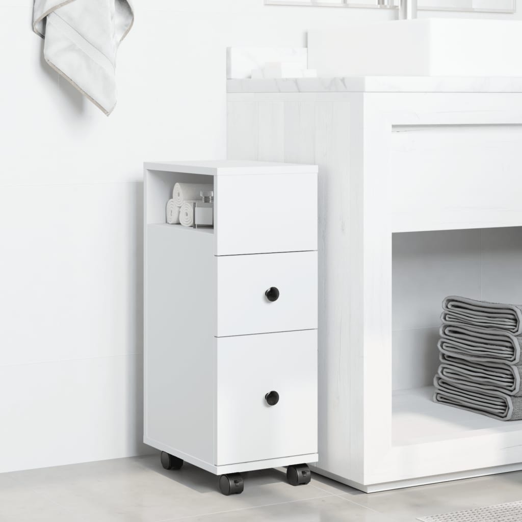 Narrow Bathroom Cabinet with Casters White Engineered Wood