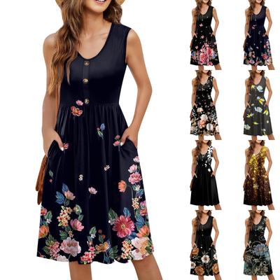 Moda casual feminina sexy decote em v botão decoração sem mangas floral vestido estampado floral