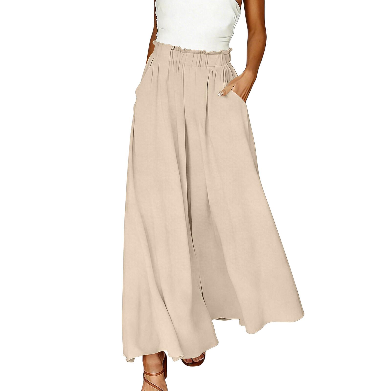 

Linen Casual Wide Leg Pants For Women Elastic Waist Versatile Business Casual Work Palazzo Trousers With Pockets S бежевый