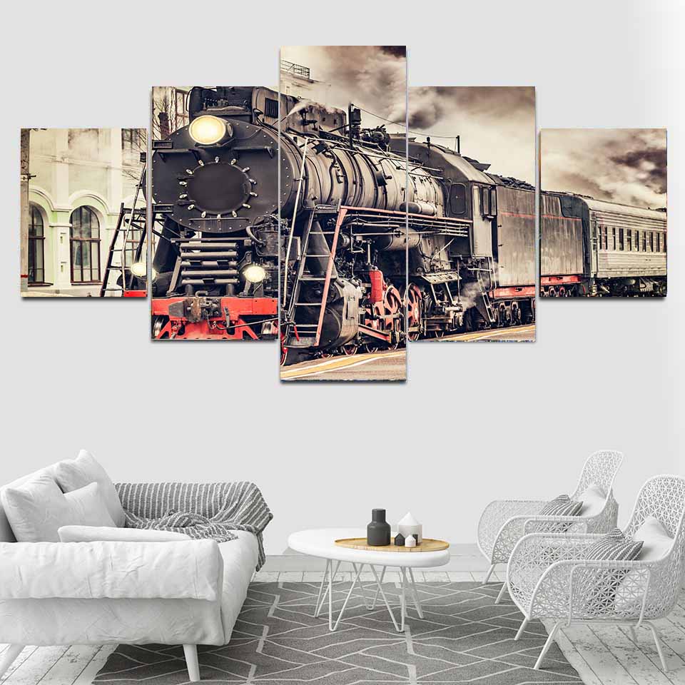 5 Panels Landscape Classical Train Steam Locomotive Canvas Painting Abstract Posters and Prints Living Room Home Decor No Frame