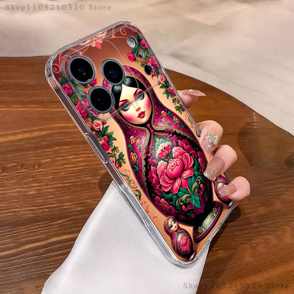 Russian Doll Matryoshka Phone Case For iPhone 17,16,15,14,13,12,11 Pro,Max,Plus,X,XS,XR,SE4,E Mini Transparent Soft Cover