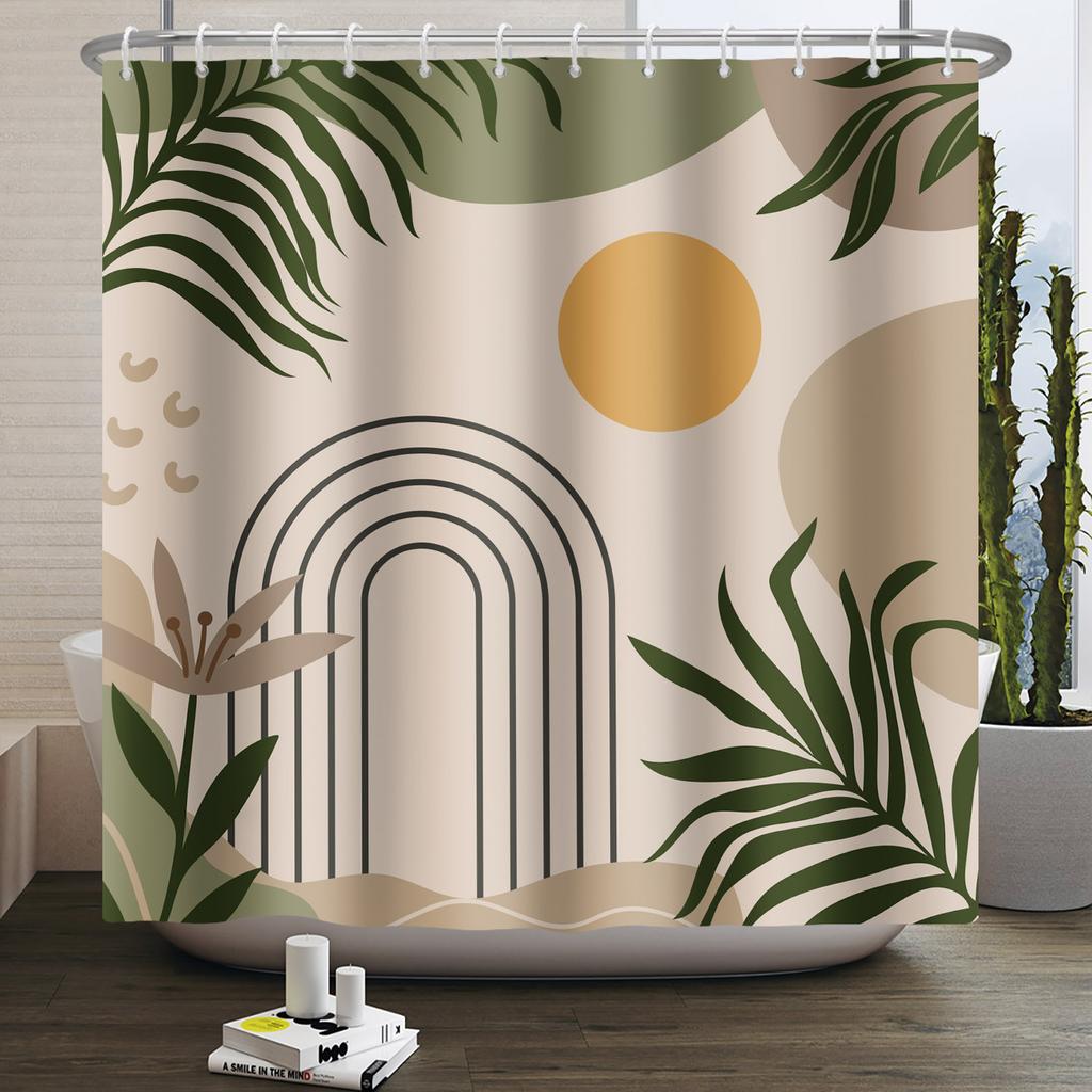 Mid Century Abstract Boho Shower Curtain Green Leaf Plant Modern Arch Sun Minimalist Nordic Waterproof Bathroom Bath Curtain