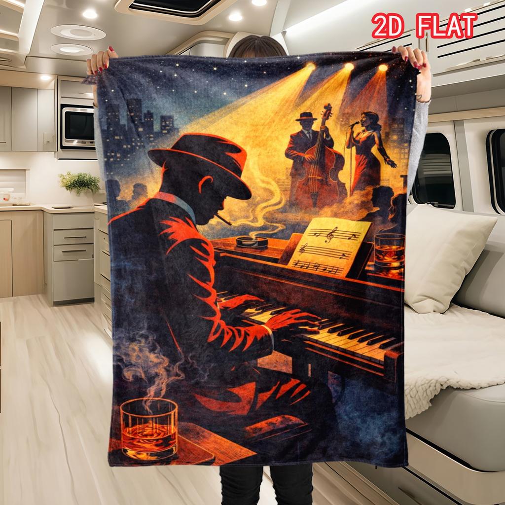 Retro Jazz Piano Player Flannel Blanket, Nightclub Music Silhouette Design Cozy Throw