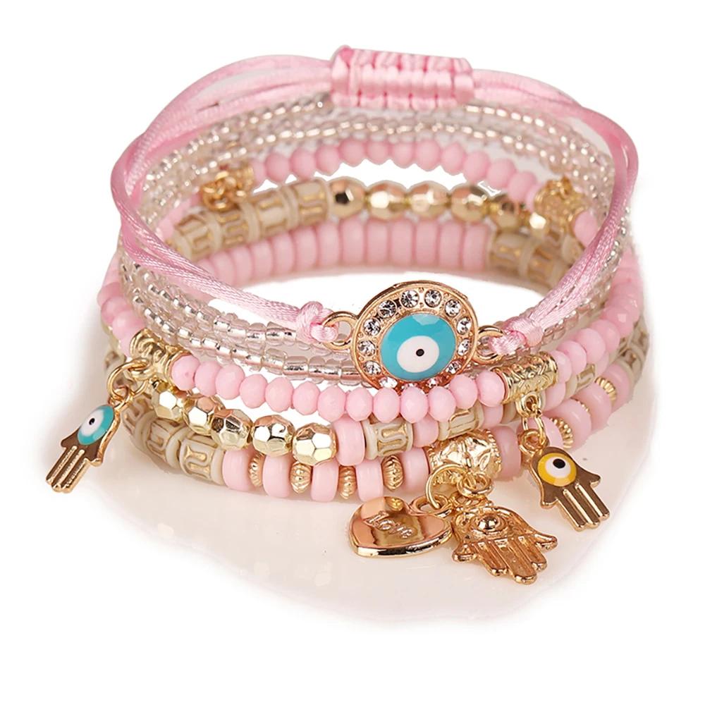 Bohemian Handmade Bracelet Set For Women Fatima Hand Evil Eye Heart Charm Adjustable Rope Chain Bangle Men Daily Wear Jewelry