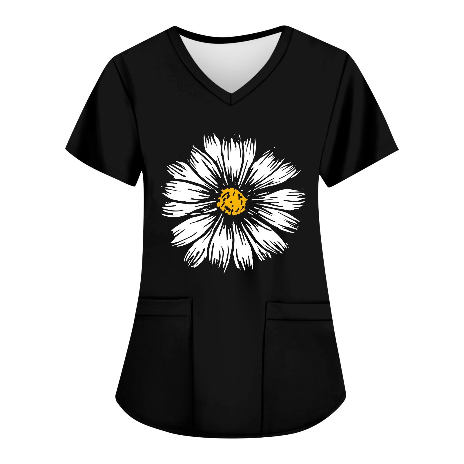 

Жіночі модні робочі футболки з принтом і V-подібним вирізом з короткими рукавами та кишенями S чорний