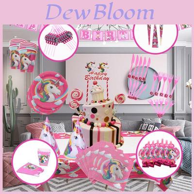 Fournitures de fête d'anniversaire pour enfants Licorne Magique avec Assiettes, Gobelets et Bannières Colorés