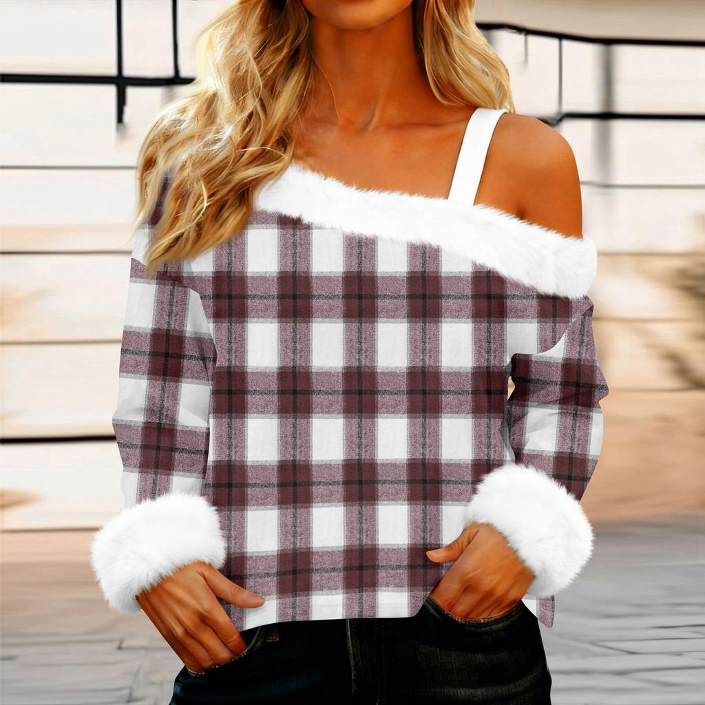 Women's Off-the-shoulder Plush Neck Printed Long-sleeved Pullover T-shirt Top