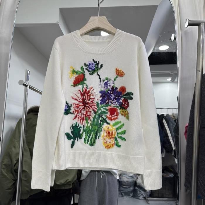 

Жаккардовые женские свитера с цветочной вышивкой, весна 2025, стильные, элегантные, свободные, трикотажные, с длинным рукавом, с круглым вырезом, женские джемперы One Size