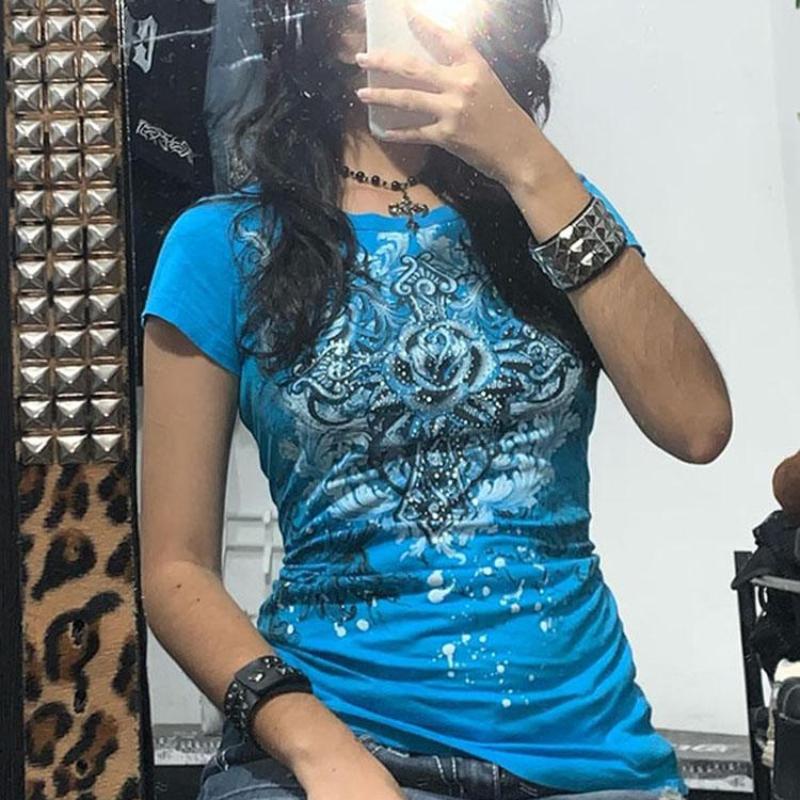 

2KWEIRD Женские футболки Y2k гранж 2000-х годов винтажные со стразами с принтом сердца и розы эстетика Харадзюку топы с круглым вырезом уличная мода S синий