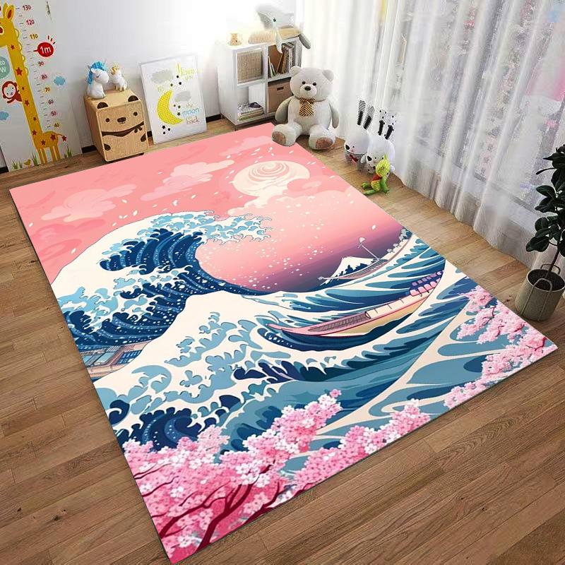 Japanese Wave and Cherry Blossom Carpet with Pink and Blue Design Suitable for Use As an Anti-slip for Living Room Bedroom Sofas