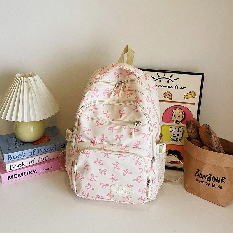 girl college student backpack large capacity bow full print travel light backpack