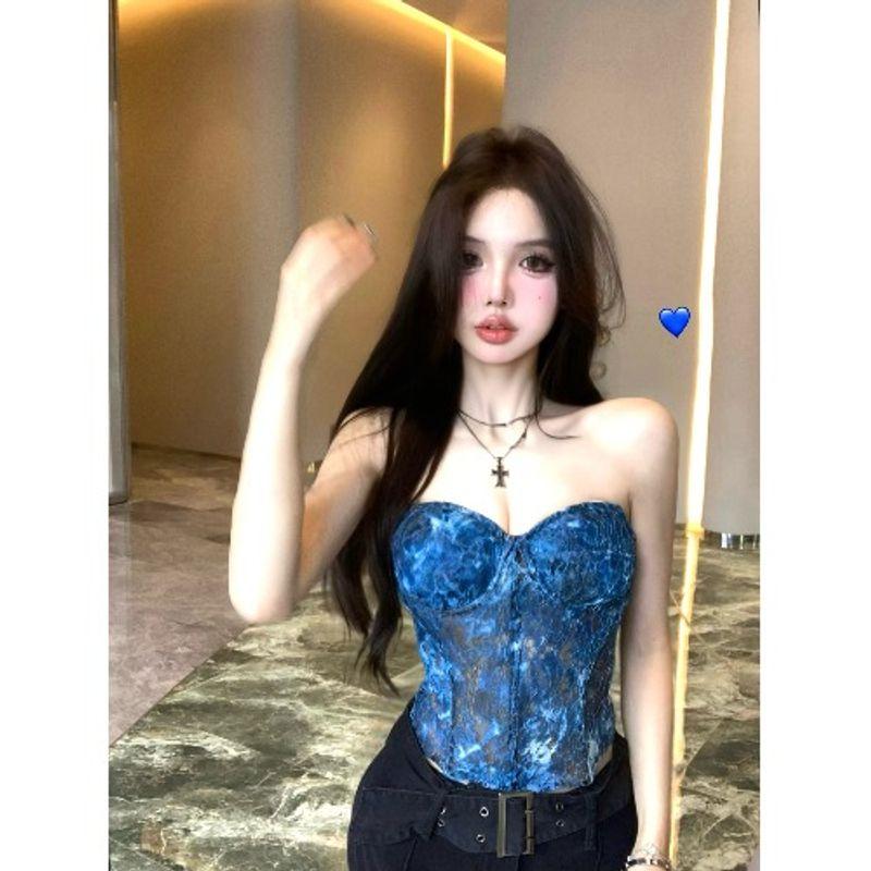 Kumikumi Design Sense Blue Tie-dye Fishbone Tube Top Vest Women Summer Niche Temperament Lace Sleeveless Top