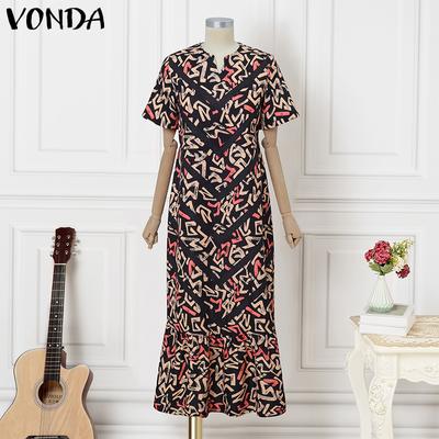 Summer Women O-Neck Print Back Lace-up Ruffled Hem Long Dresses