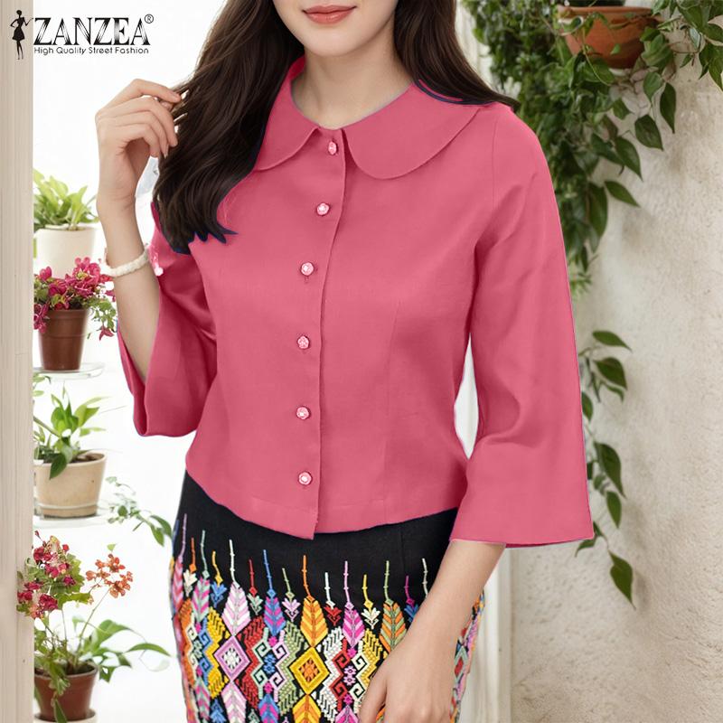 ZANZEA Women Doll Collar Loose Casual 3/4 Sleeve Blouse