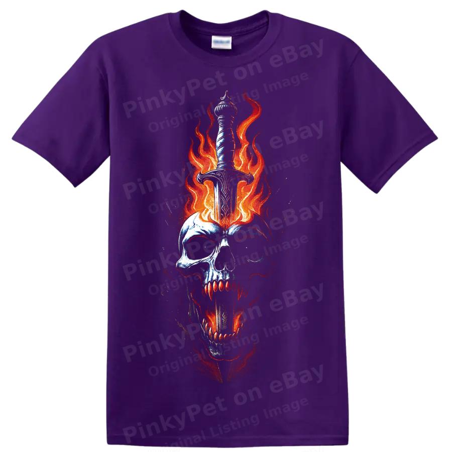 Skull Dagger Flames Gothic Horror T Shirt Fiery Dark Art Graphic Tee Unisex Top