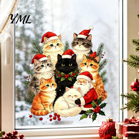 Christmas Window Clings Cat Static Cling Decal, Waterproof PVC Festive Sticker, Reusable Glass Stickers Easy Apply Decorative for Home Living