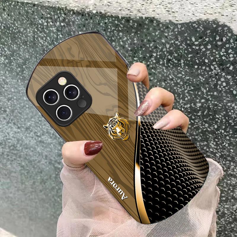 Mignon Tigre Doré Marron Pour iPhone 16 15 14 Pro 13 Plus 12 mini 11 13Pro Max XR Xs X 7 8 6 Coque de Téléphone Elliptique en Verre Trempé