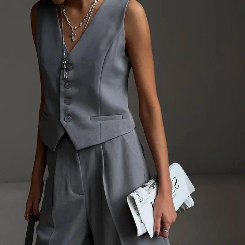 Women Suits Shorts Sets V-neck Single Breasted Casual Vest Set Woman 2 Piece Suit Straight High Waist Pant Ladies Office Oufits